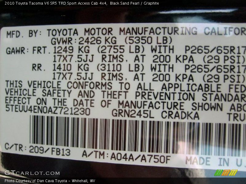 Black Sand Pearl / Graphite 2010 Toyota Tacoma V6 SR5 TRD Sport Access Cab 4x4