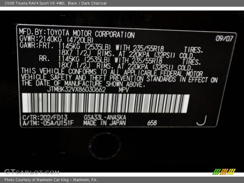 Black / Dark Charcoal 2008 Toyota RAV4 Sport V6 4WD