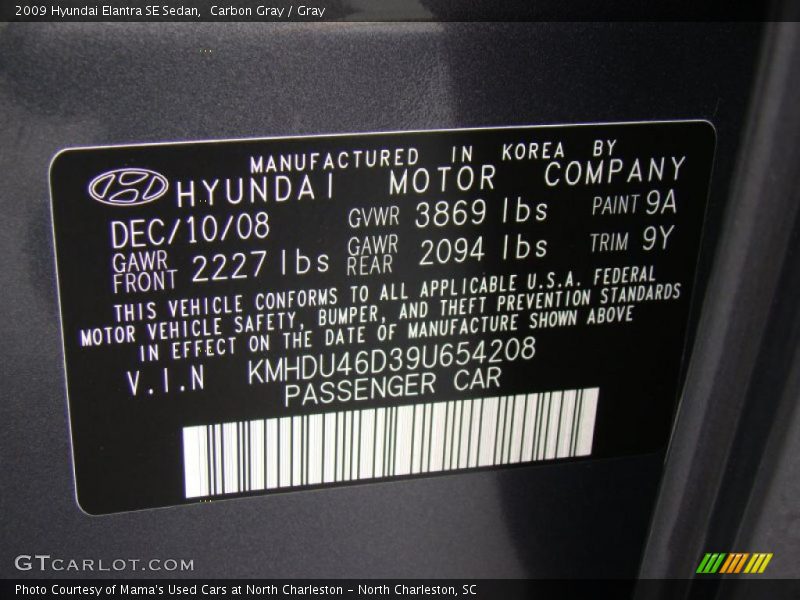 Carbon Gray / Gray 2009 Hyundai Elantra SE Sedan