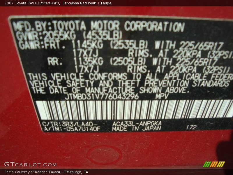 Barcelona Red Pearl / Taupe 2007 Toyota RAV4 Limited 4WD