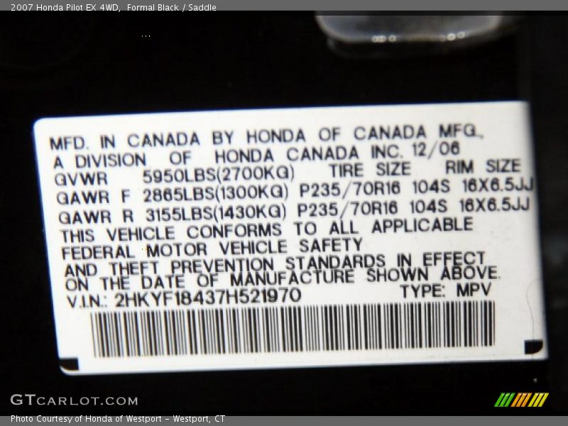 Formal Black / Saddle 2007 Honda Pilot EX 4WD
