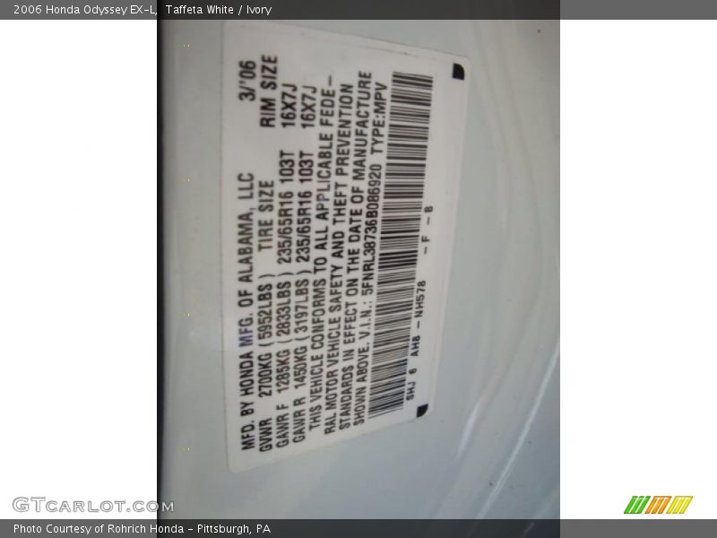 Taffeta White / Ivory 2006 Honda Odyssey EX-L