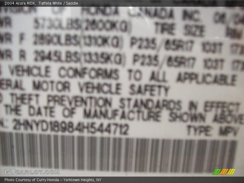 Taffeta White / Saddle 2004 Acura MDX