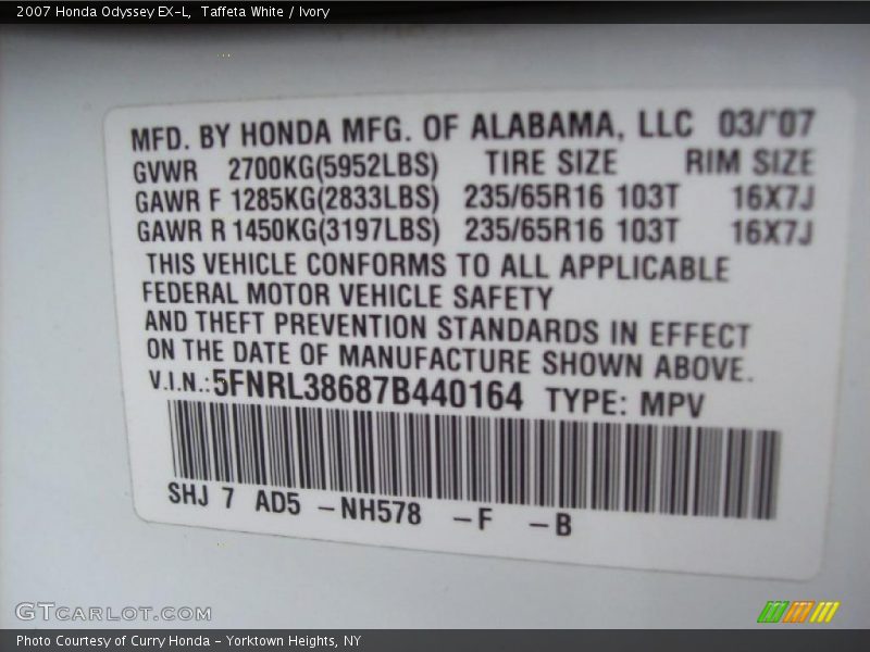 Taffeta White / Ivory 2007 Honda Odyssey EX-L
