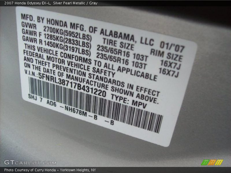 Silver Pearl Metallic / Gray 2007 Honda Odyssey EX-L