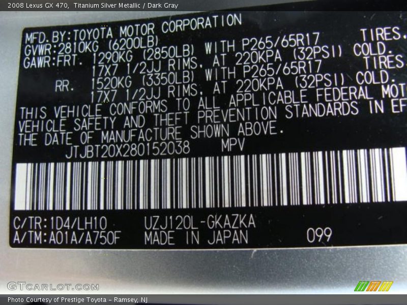 Titanium Silver Metallic / Dark Gray 2008 Lexus GX 470