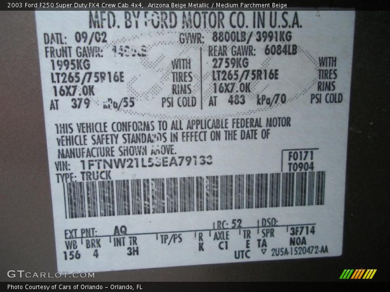 Arizona Beige Metallic / Medium Parchment Beige 2003 Ford F250 Super Duty FX4 Crew Cab 4x4