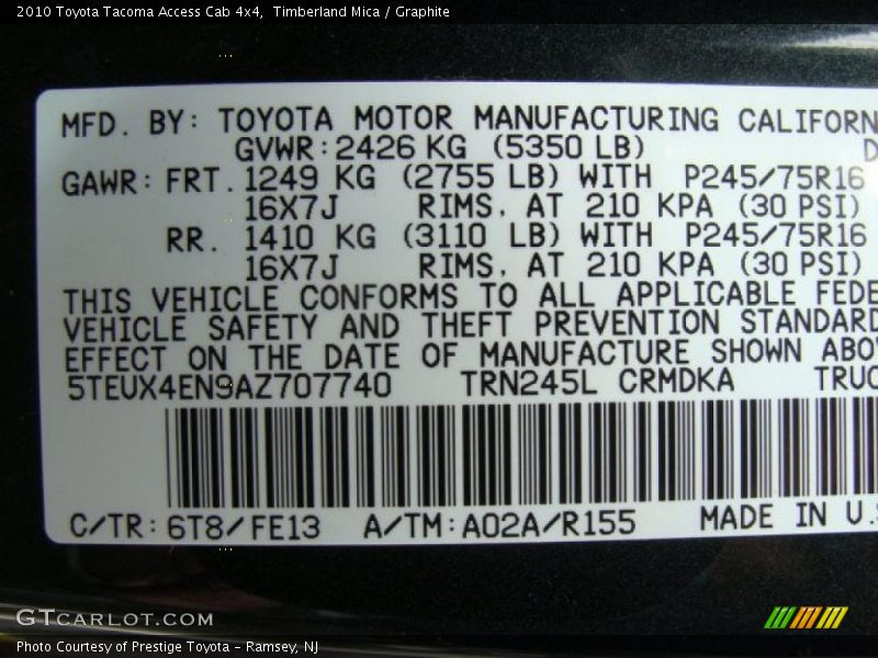2010 Tacoma Access Cab 4x4 Timberland Mica Color Code 6T8