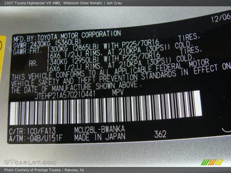 Millenium Silver Metallic / Ash Gray 2007 Toyota Highlander V6 4WD