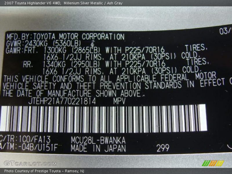 Millenium Silver Metallic / Ash Gray 2007 Toyota Highlander V6 4WD