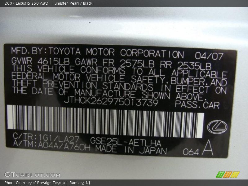 Tungsten Pearl / Black 2007 Lexus IS 250 AWD