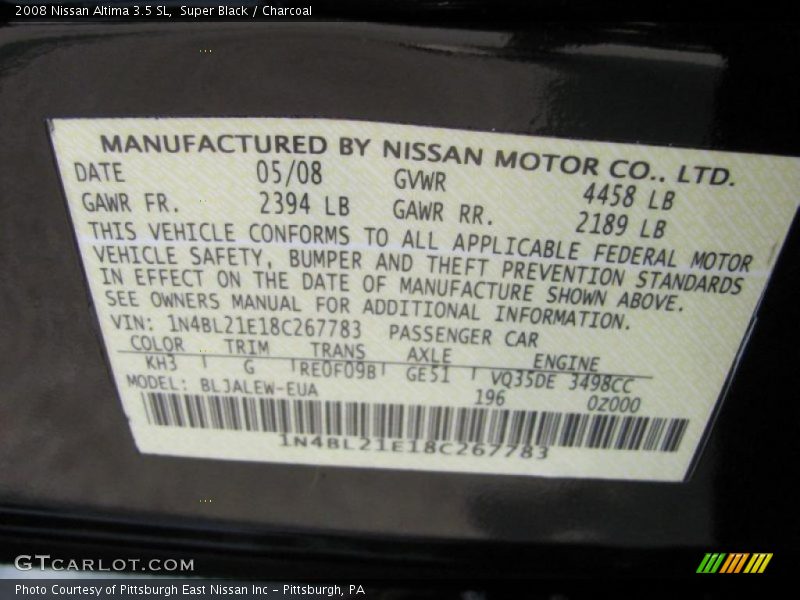 Super Black / Charcoal 2008 Nissan Altima 3.5 SL