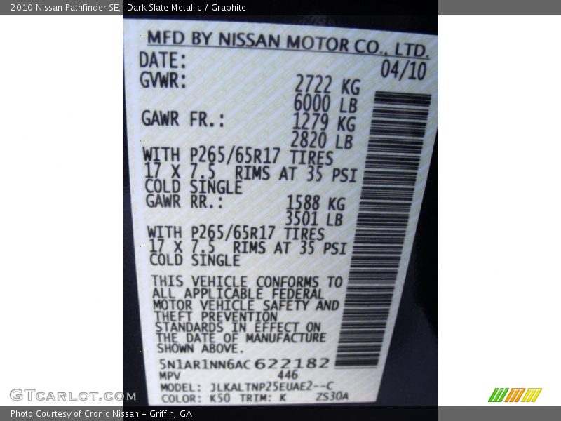 Dark Slate Metallic / Graphite 2010 Nissan Pathfinder SE