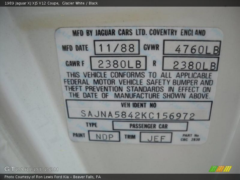 Glacier White / Black 1989 Jaguar XJ XJS V12 Coupe