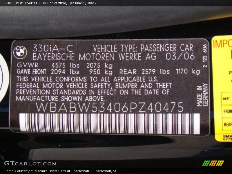 Jet Black / Black 2006 BMW 3 Series 330i Convertible