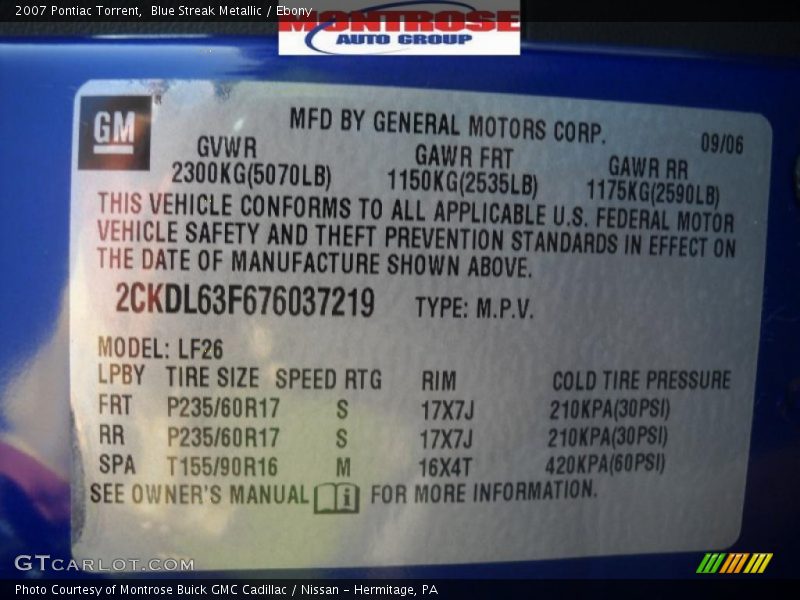 Blue Streak Metallic / Ebony 2007 Pontiac Torrent
