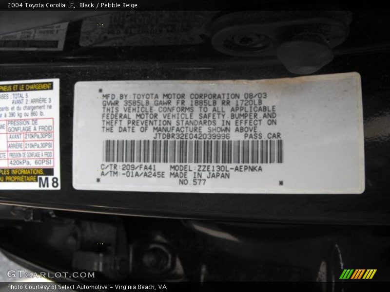 Black / Pebble Beige 2004 Toyota Corolla LE