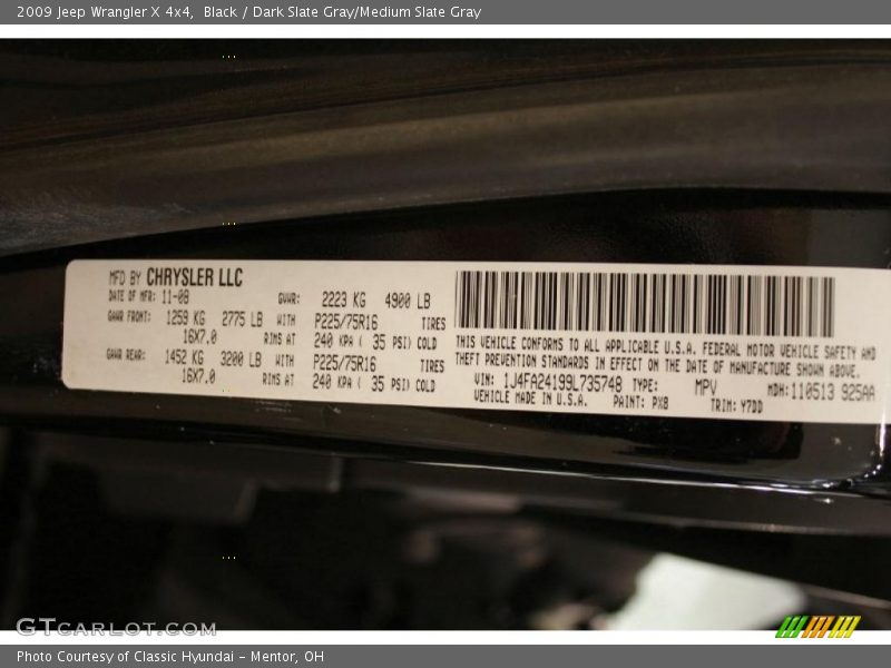 Black / Dark Slate Gray/Medium Slate Gray 2009 Jeep Wrangler X 4x4