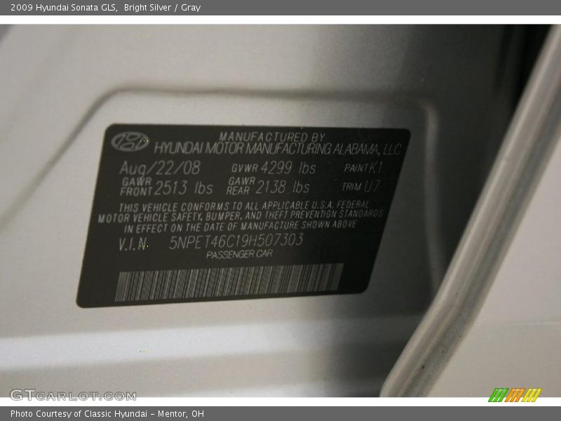 Bright Silver / Gray 2009 Hyundai Sonata GLS