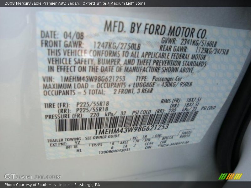 Oxford White / Medium Light Stone 2008 Mercury Sable Premier AWD Sedan