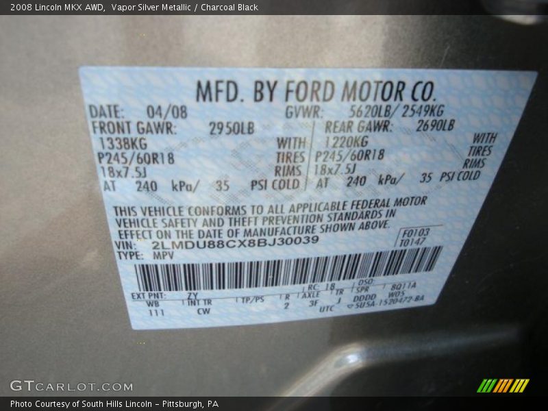 Vapor Silver Metallic / Charcoal Black 2008 Lincoln MKX AWD