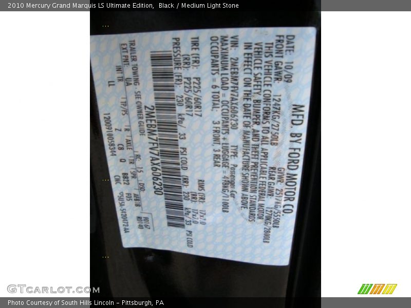 Black / Medium Light Stone 2010 Mercury Grand Marquis LS Ultimate Edition