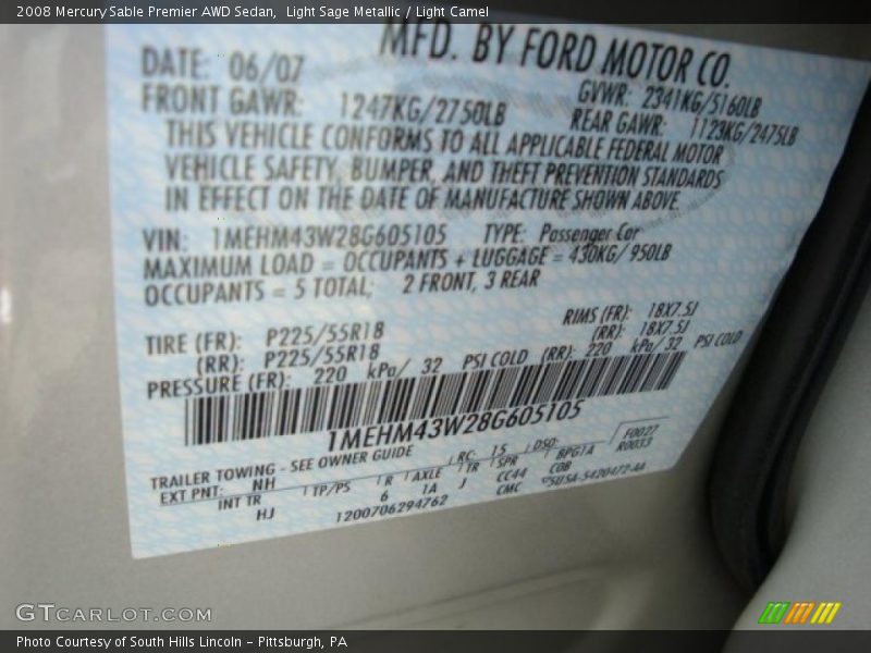 Light Sage Metallic / Light Camel 2008 Mercury Sable Premier AWD Sedan