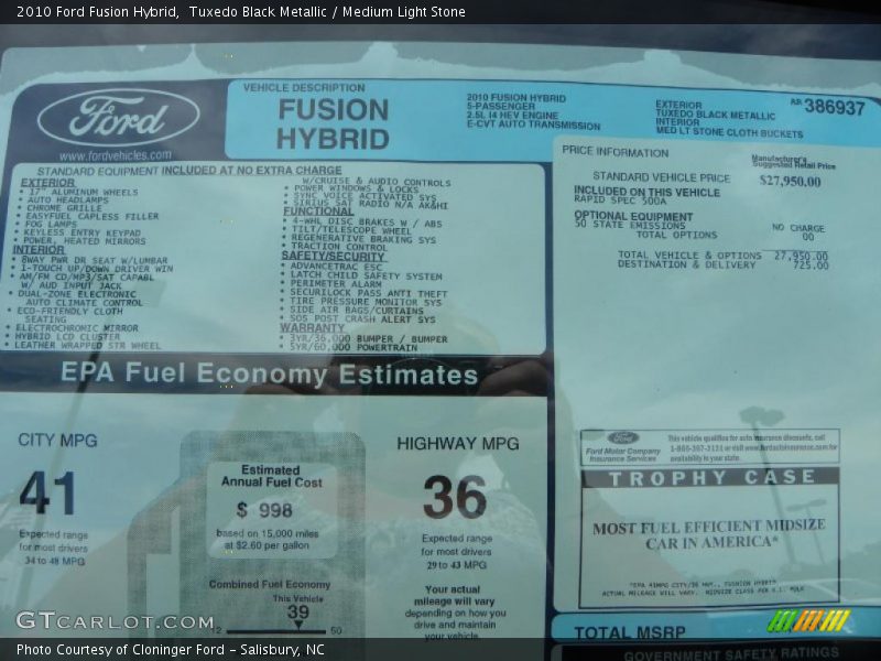 Tuxedo Black Metallic / Medium Light Stone 2010 Ford Fusion Hybrid