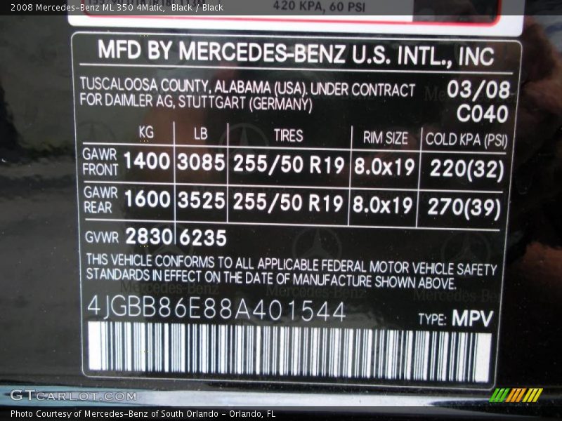 Black / Black 2008 Mercedes-Benz ML 350 4Matic