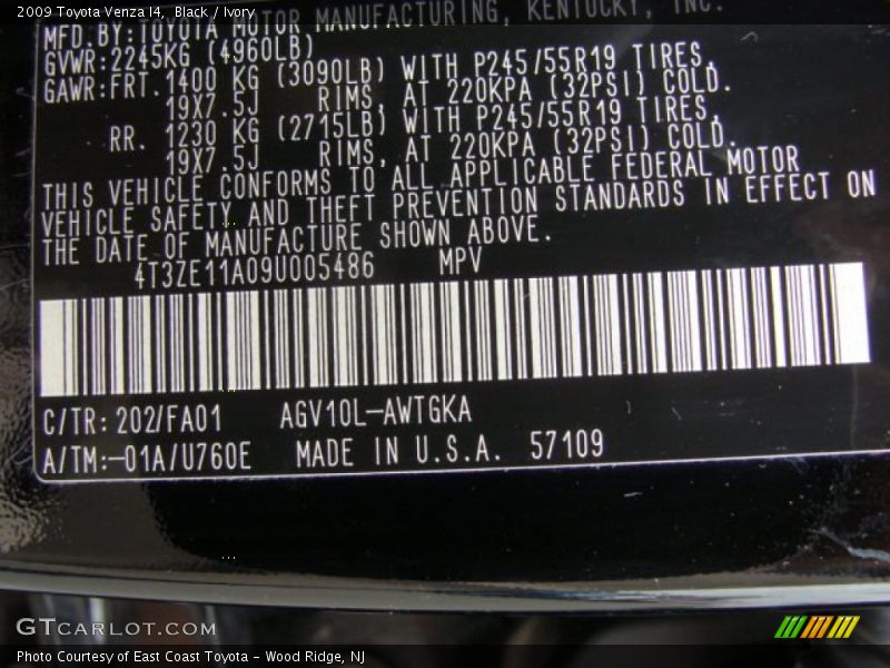 Black / Ivory 2009 Toyota Venza I4