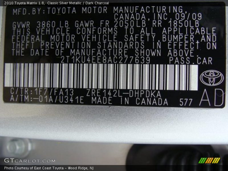 Classic Silver Metallic / Dark Charcoal 2010 Toyota Matrix 1.8