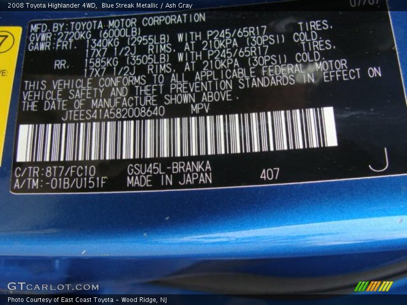 Blue Streak Metallic / Ash Gray 2008 Toyota Highlander 4WD