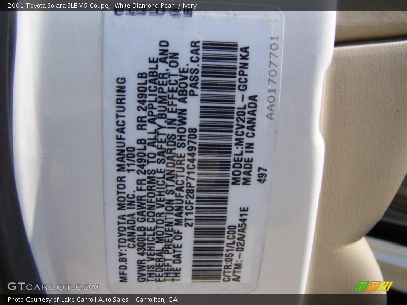 White Diamond Pearl / Ivory 2001 Toyota Solara SLE V6 Coupe