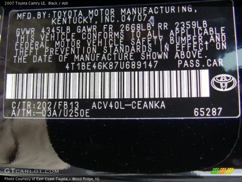 Black / Ash 2007 Toyota Camry LE