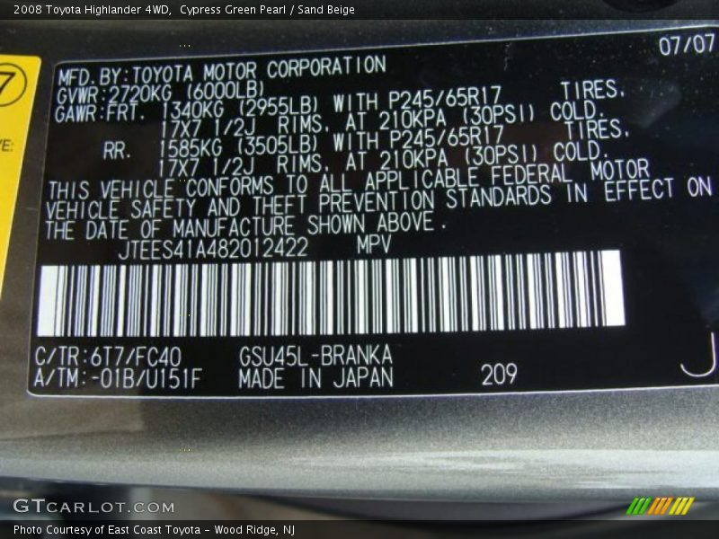 Cypress Green Pearl / Sand Beige 2008 Toyota Highlander 4WD
