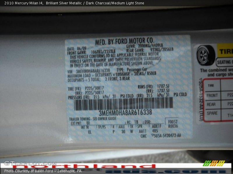 Brilliant Silver Metallic / Dark Charcoal/Medium Light Stone 2010 Mercury Milan I4