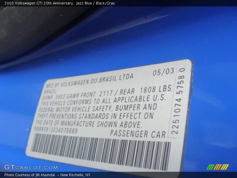 Jazz Blue / Black/Gray 2003 Volkswagen GTI 20th Anniversary