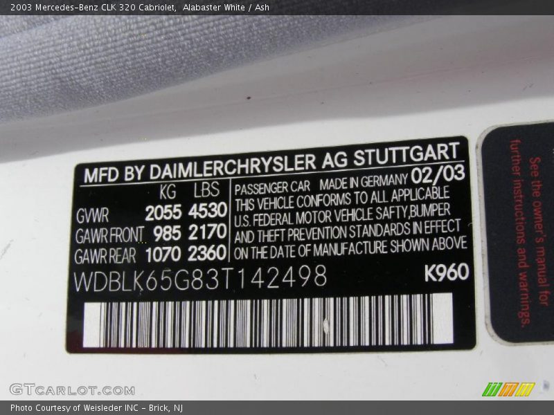 Alabaster White / Ash 2003 Mercedes-Benz CLK 320 Cabriolet