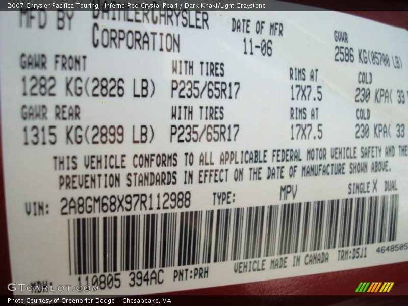 Inferno Red Crystal Pearl / Dark Khaki/Light Graystone 2007 Chrysler Pacifica Touring