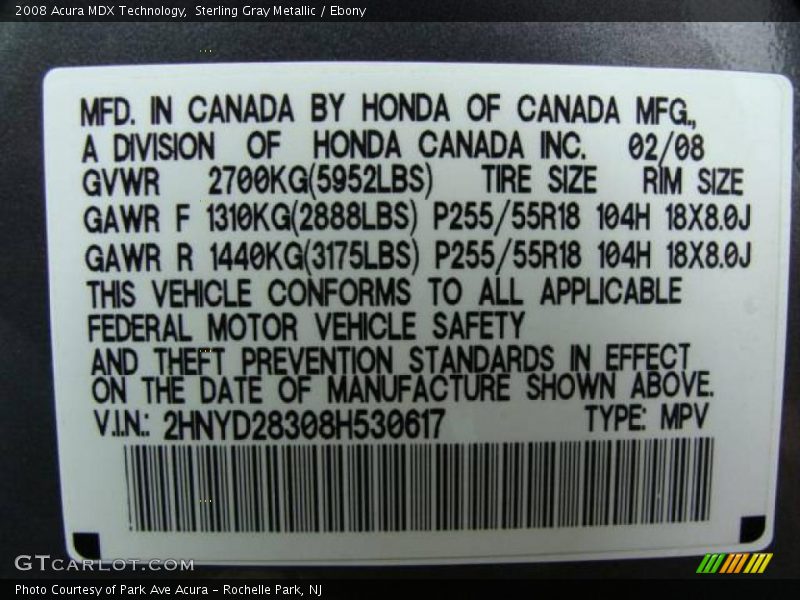 Sterling Gray Metallic / Ebony 2008 Acura MDX Technology