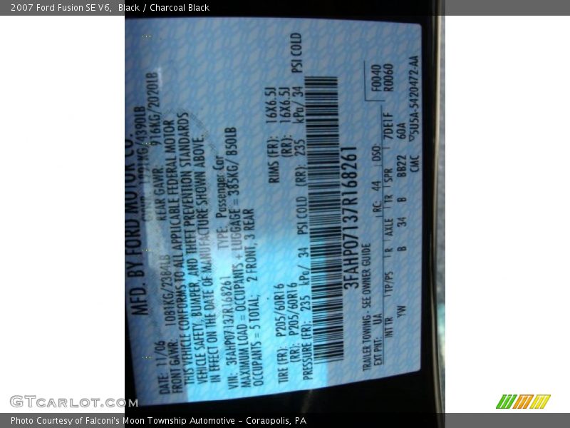 Black / Charcoal Black 2007 Ford Fusion SE V6