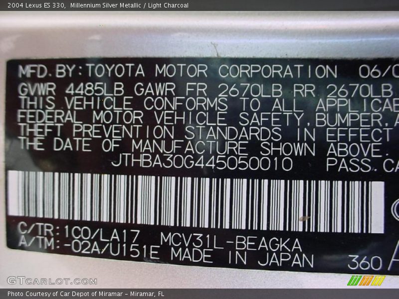 Millennium Silver Metallic / Light Charcoal 2004 Lexus ES 330