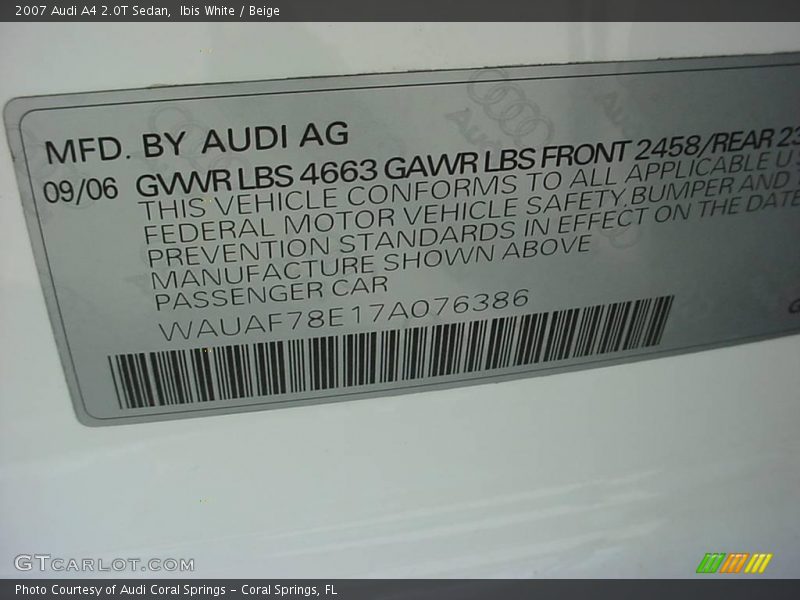 Ibis White / Beige 2007 Audi A4 2.0T Sedan