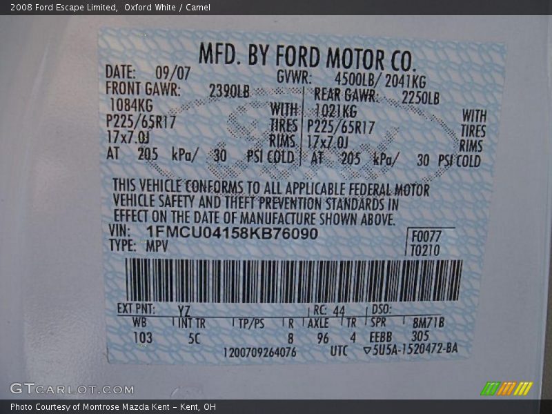 Oxford White / Camel 2008 Ford Escape Limited