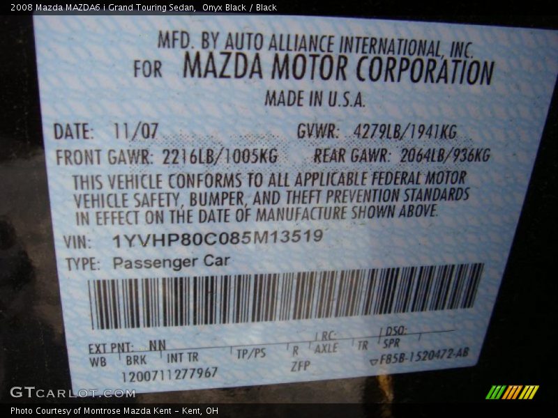 Onyx Black / Black 2008 Mazda MAZDA6 i Grand Touring Sedan