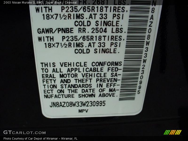 Super Black / Charcoal 2003 Nissan Murano SL AWD