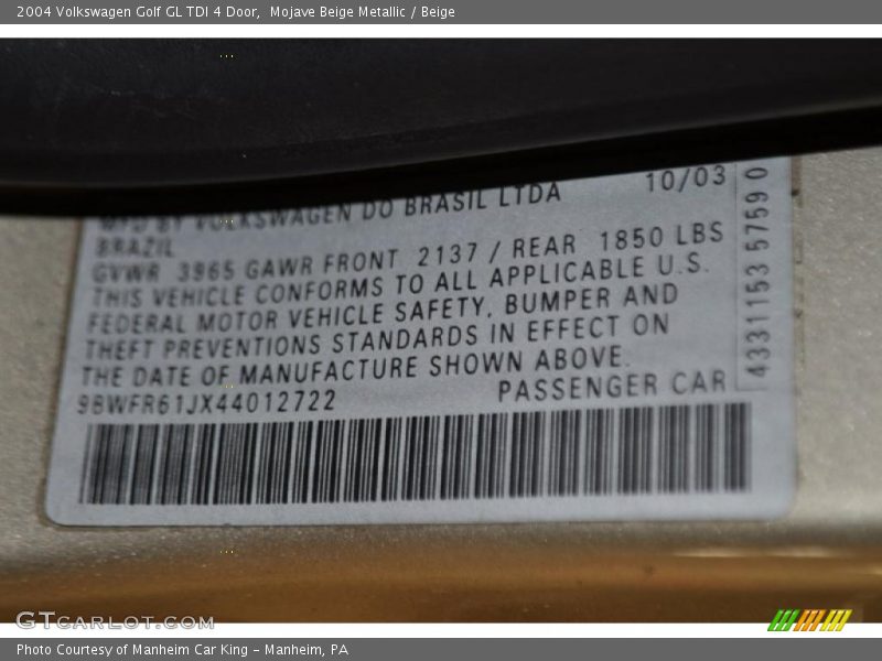 Mojave Beige Metallic / Beige 2004 Volkswagen Golf GL TDI 4 Door