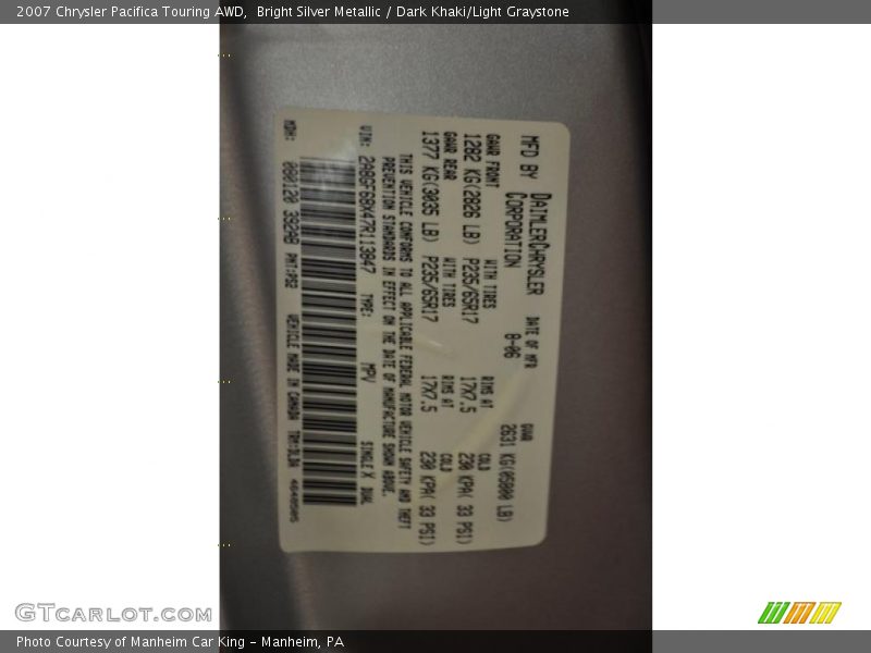 Bright Silver Metallic / Dark Khaki/Light Graystone 2007 Chrysler Pacifica Touring AWD