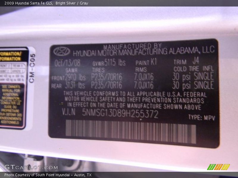 Bright Silver / Gray 2009 Hyundai Santa Fe GLS