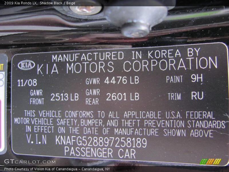 Shadow Black / Beige 2009 Kia Rondo LX